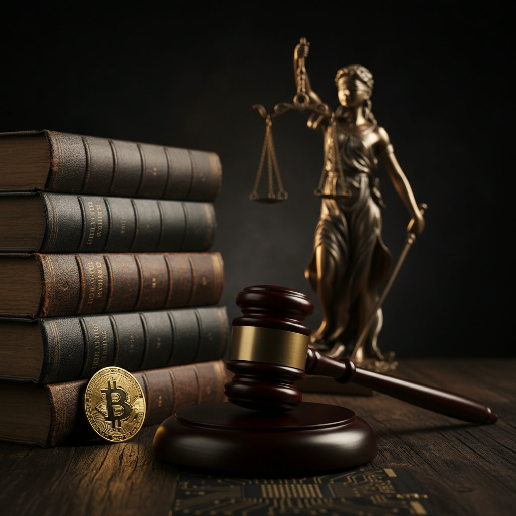 Richterhammer liegt auf dunklem Holz, daneben ein Stapel alter Gesetzesbücher, mit Fokus auf die Justitia-Statue im Hintergrund, beleuchtet von warmem, dramatischem Licht.