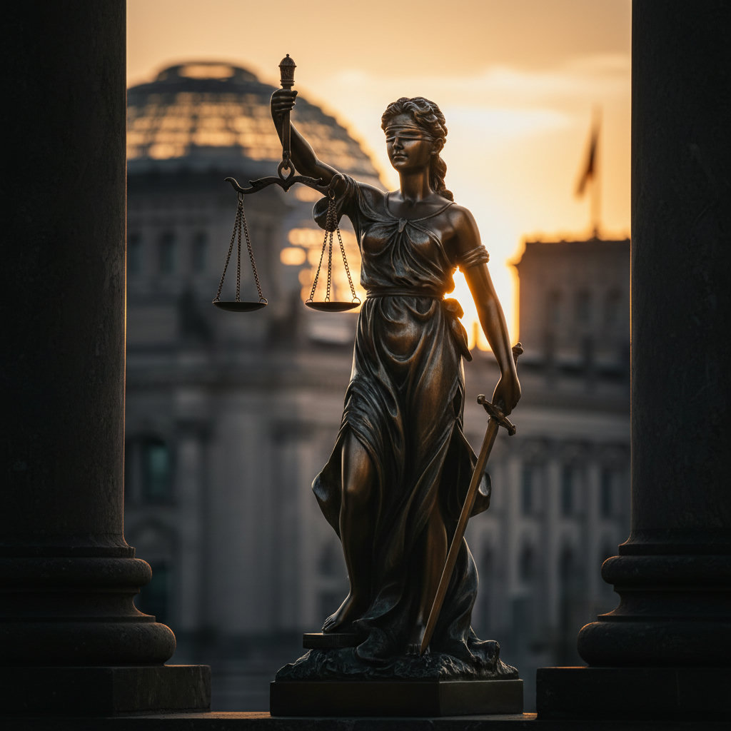 Justitia-Statue mit Waage und Schwert, im Hintergrund verschwommen ein deutsches Parlamentsgebäude bei Sonnenuntergang. Dramatisches Chiaroscuro-Licht mit goldenen Akzenten.