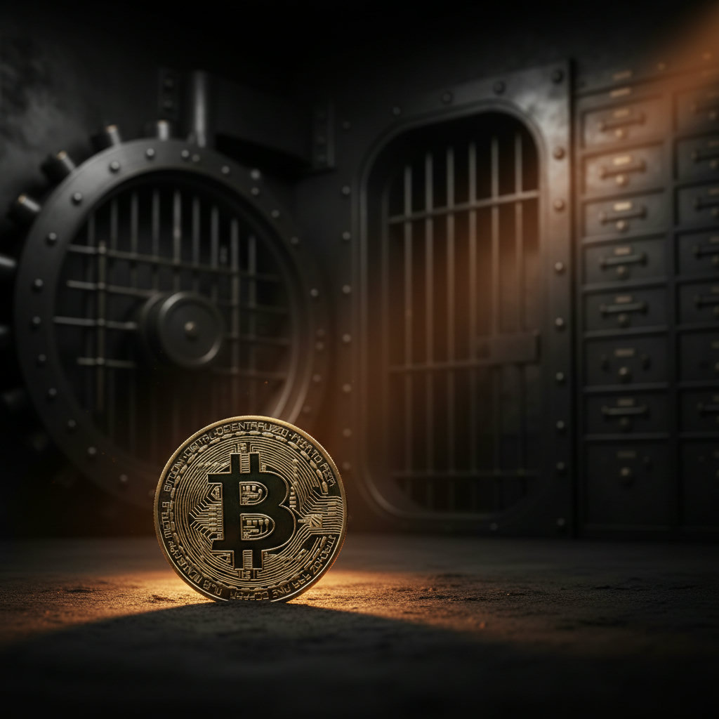 Detailaufnahme einer goldenen Bitcoin-Münze, vor dunklem Hintergrund leicht aus dem Fokus. Dramatisches Chiaroscuro Licht.