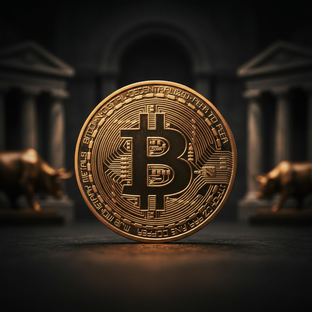 Makroaufnahme einer physischen Bitcoin-Münze, beleuchtet von warmem, goldenem Licht, vor einem dunklen, unscharfen Finanzhintergrund.