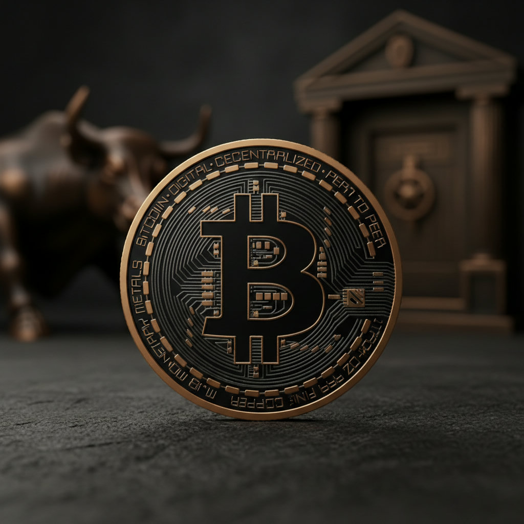 Nahaufnahme einer goldenen Bitcoin-Münze, die vor einem dramatischen, dunklen finanziellen Hintergrund liegt, mit subtilen orangefarbenen Akzenten im Licht. Fokus auf die Details der Münze, geringe Tiefenschärfe.