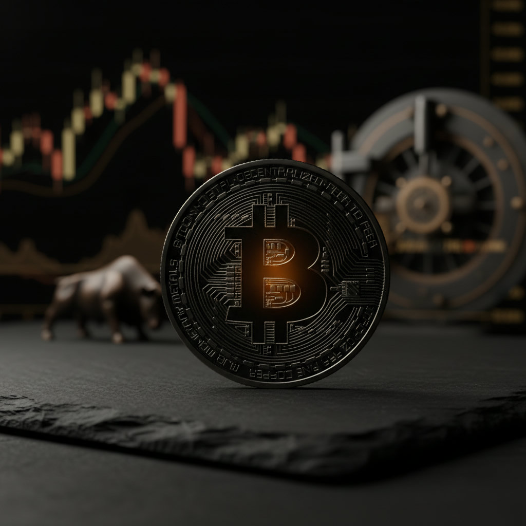 Physische Bitcoin-Münze auf dunklem Finanztableau, umgeben von schwachem Goldlicht und verschwommenen Finanzdaten. Fokussiert auf BTC-Logo.