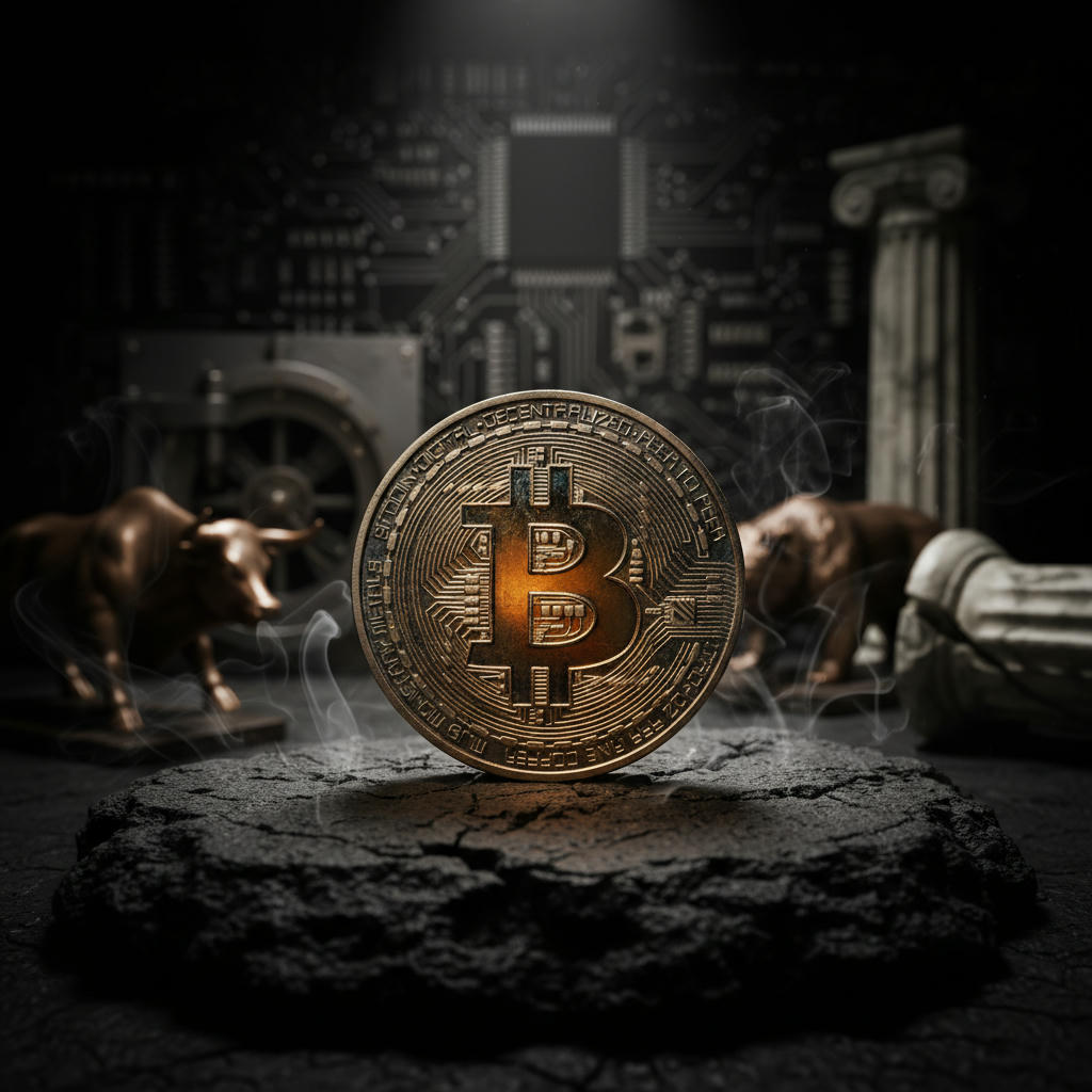 Physische Bitcoin-Münze mit dem Bitcoin-Logo, leuchtend goldorange im Zentrum, auf einem dunklen, unebenen Hintergrund, umgeben von einem subtilen Rauchschleier. Das Licht fällt dramatisch von oben, wodurch tiefe Schatten und Reflexionen entstehen, die die Textur der Münze und des Untergrunds hervorheben. Tiefe Tiefenschärfe, die den Fokus auf die Münze legt.
