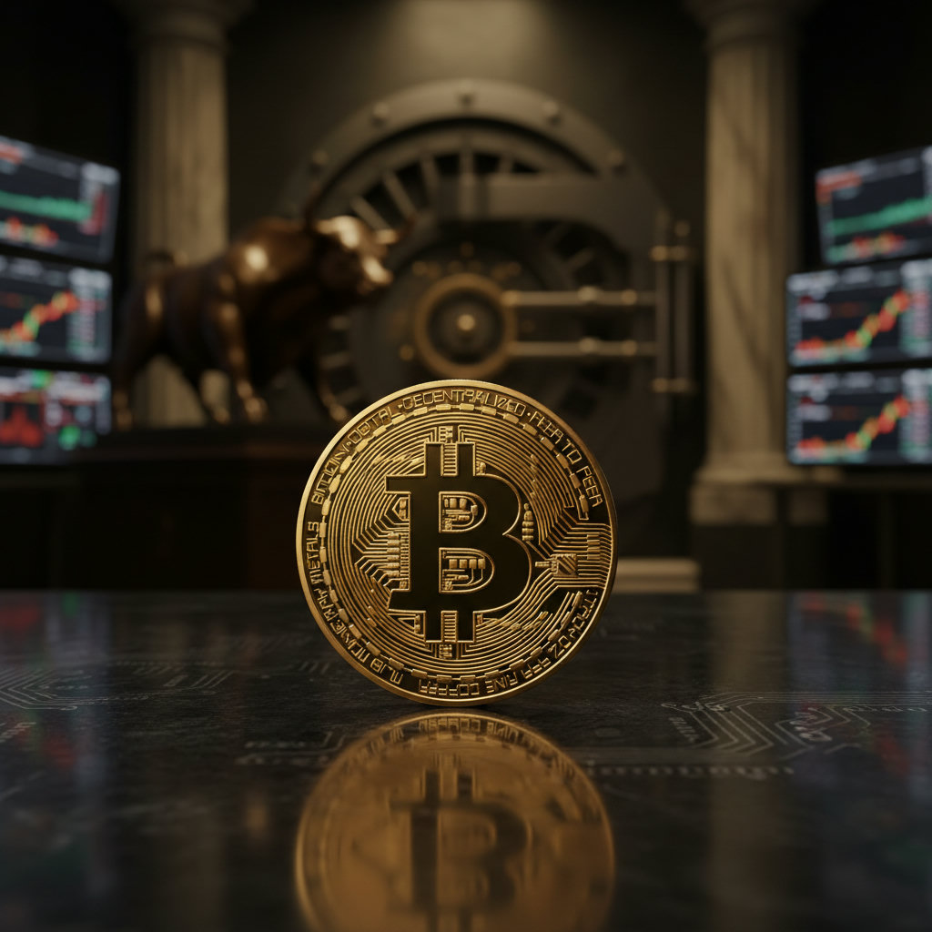 Nahaufnahme einer goldenen Bitcoin-Münze, glänzend, vor dem diffusen Hintergrund eines dunklen, beleuchteten Handelsraums.