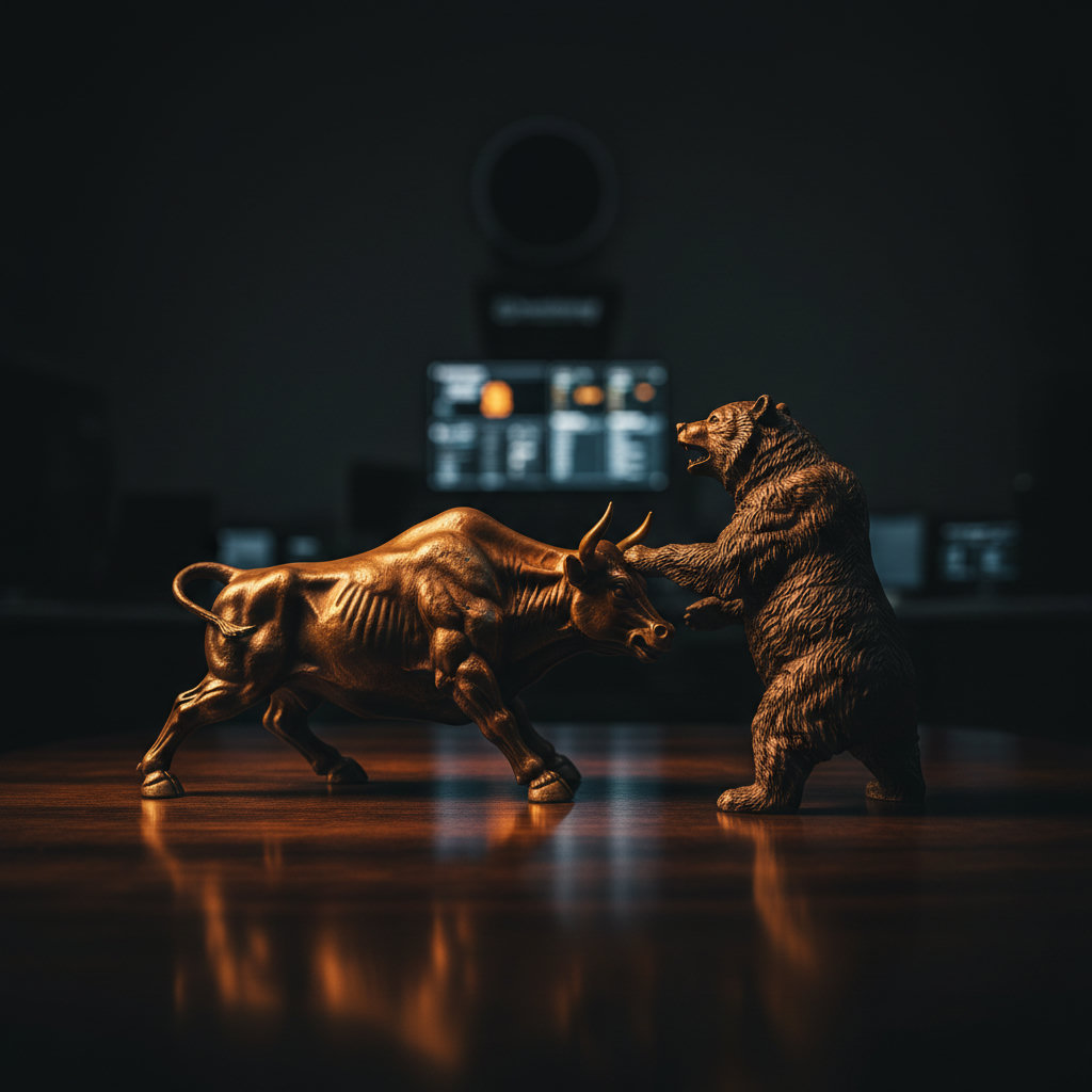 Nahaufnahme einer bullischen und bärischen Bronze-Skulptur, die auf einem dunklen Holztisch steht, während im Hintergrund ein Bloomberg Terminal Bildschirm flackert.