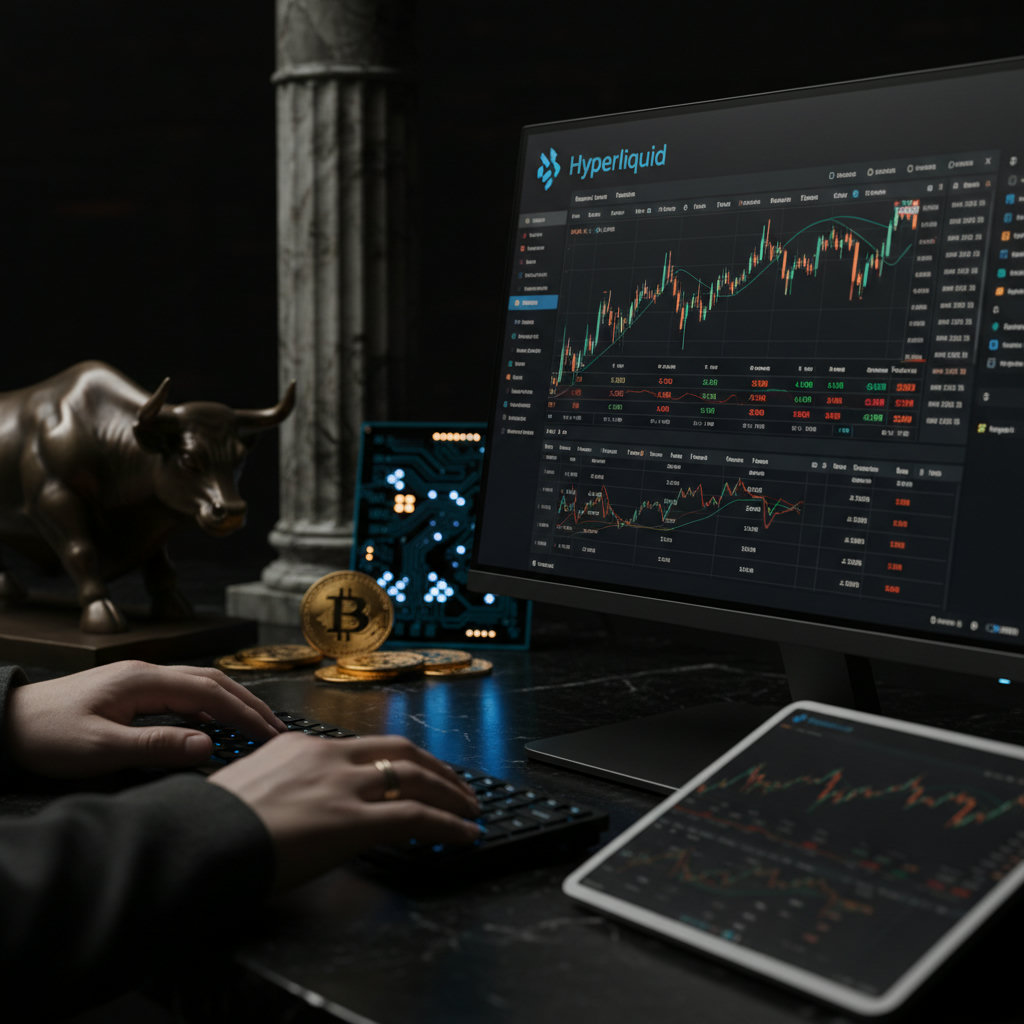 Naheinstellung einer digitalen Benutzeroberfläche, die komplexe Finanzdaten und Graphen anzeigt, mit dem Logo von Hyperliquid im Fokus und leicht verschwommenen Händen, die darauf tippen.