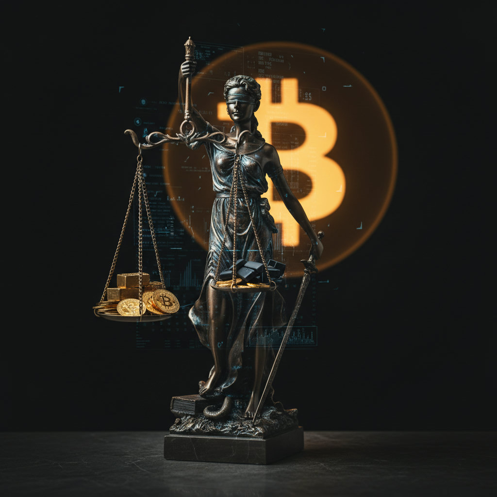 Symbolisches Bild einer Waage, die traditionelle Finanzen und dezentrale Krypto-Plattformen darstellt, mit einem Fokus auf Regulation und den Bitcoin Kurs.