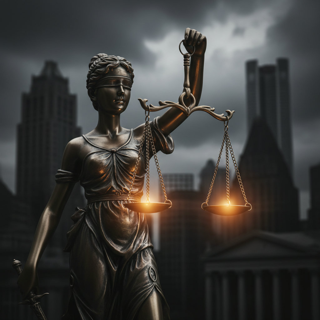 Dramatisches Foto von Justitia-Statue, nur oberer Teil Hände und Waage sichtbar, Tiefenschärfe, im Hintergrund schattenhafte Finanzgebäude. Goldener Schein fällt auf die Waagschalen.