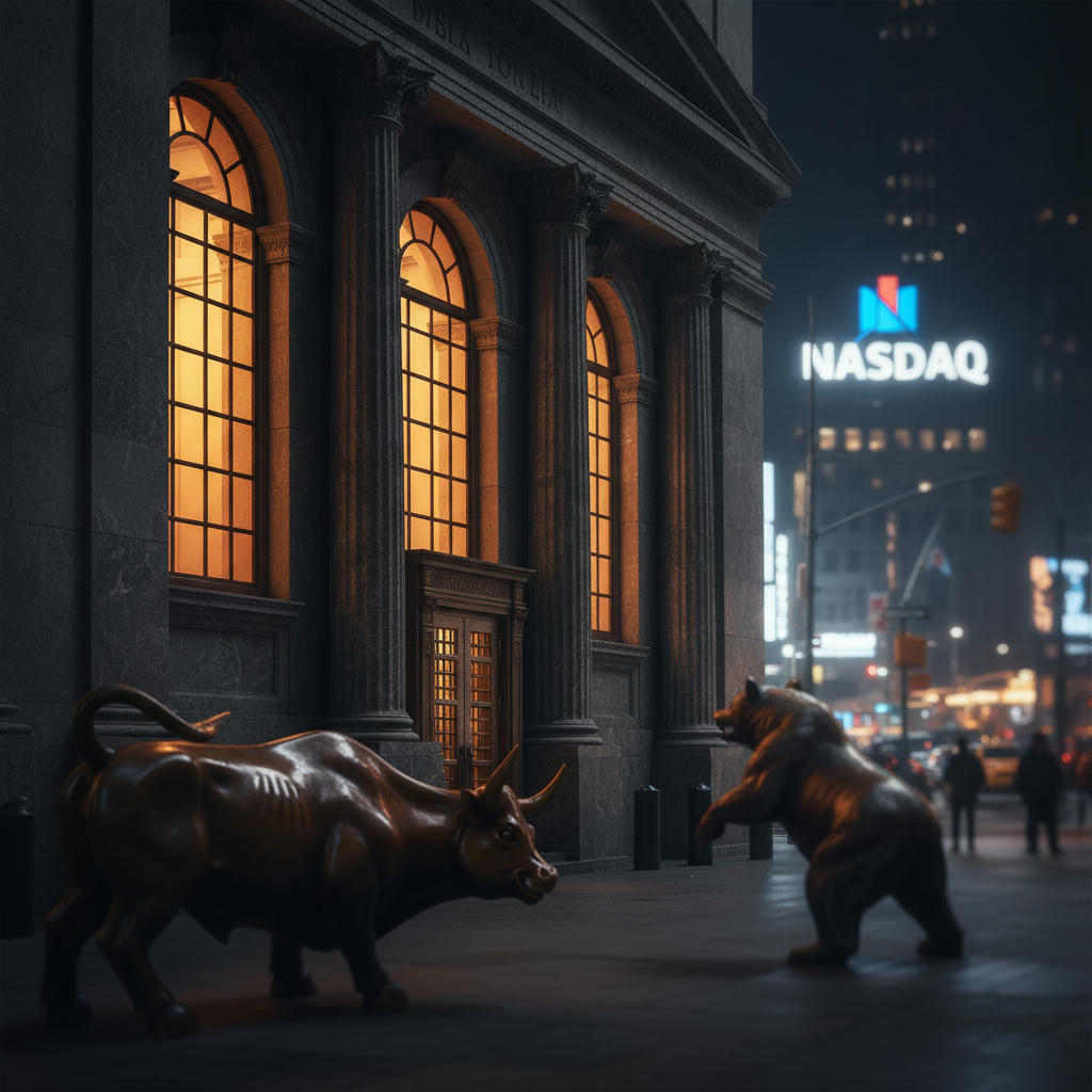 Dunkles Bild von einer Börsenfassade bei Nacht mit goldenem Licht und dem NASDAQ-Zeichen, das die Spannungen im Finanzmarkt symbolisiert.