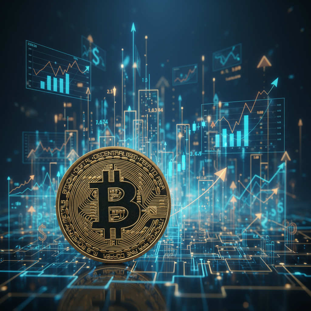 Bitcoin-Münze vor einem komplexen Netzwerk von Blockchain-Analysedaten und einem Anstieg im Kurs-Chart, Analyse und Implikationen für den Finanzmarkt 2026.
