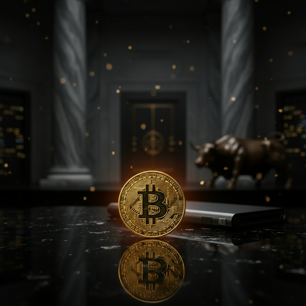 Symbolisches Bild einer physischen Bitcoin Münze auf einem dunklen Hintergrund mit Goldenen Lichtakzenten, die den Druck der Finanzgiganten auf die Krypto-Branche darstellt.