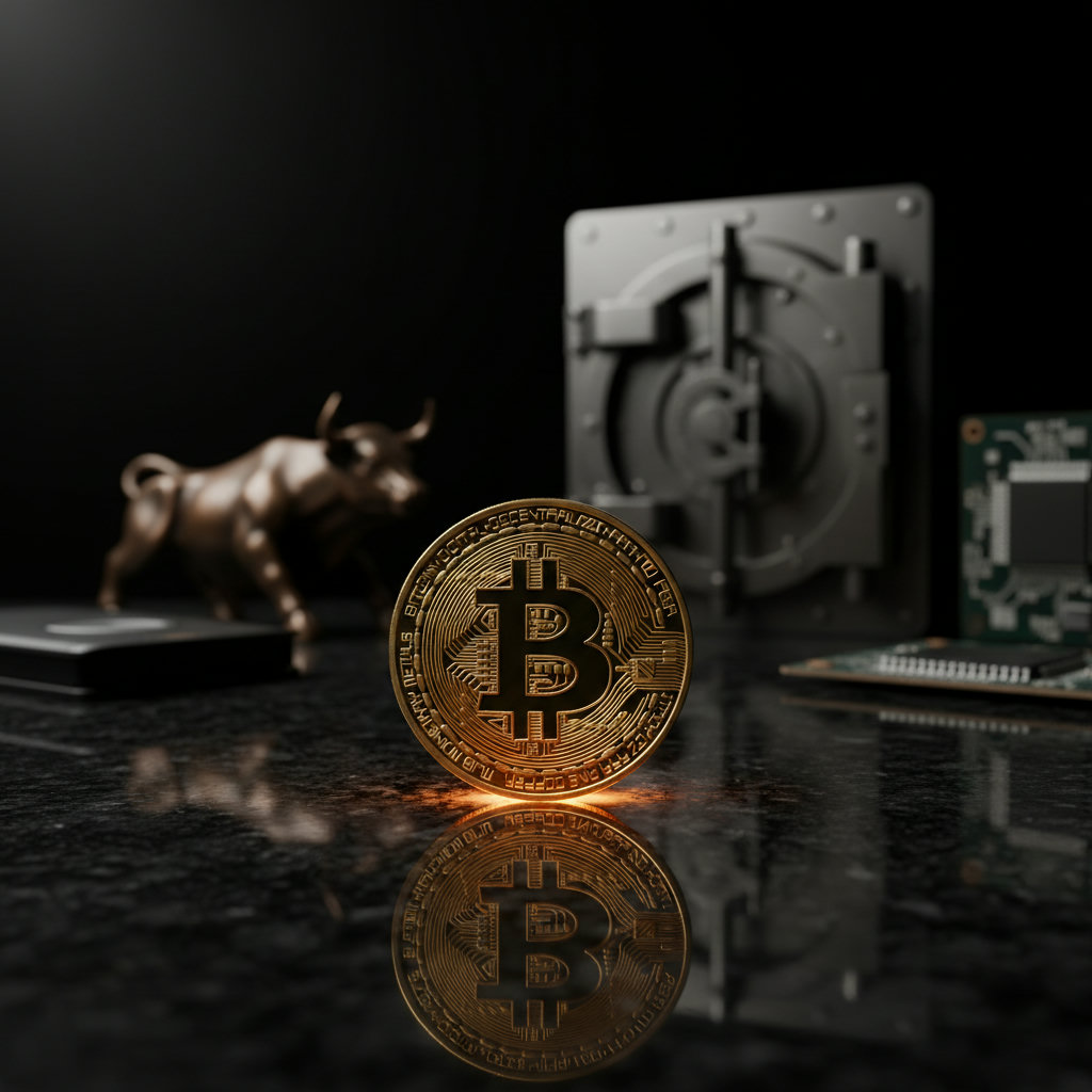 Nahaufnahme einer goldenen Bitcoin-Münze auf einem glänzenden schwarzen Tisch, mit einem subtilen orangefarbenen Leuchten, dramatisch beleuchtet.
