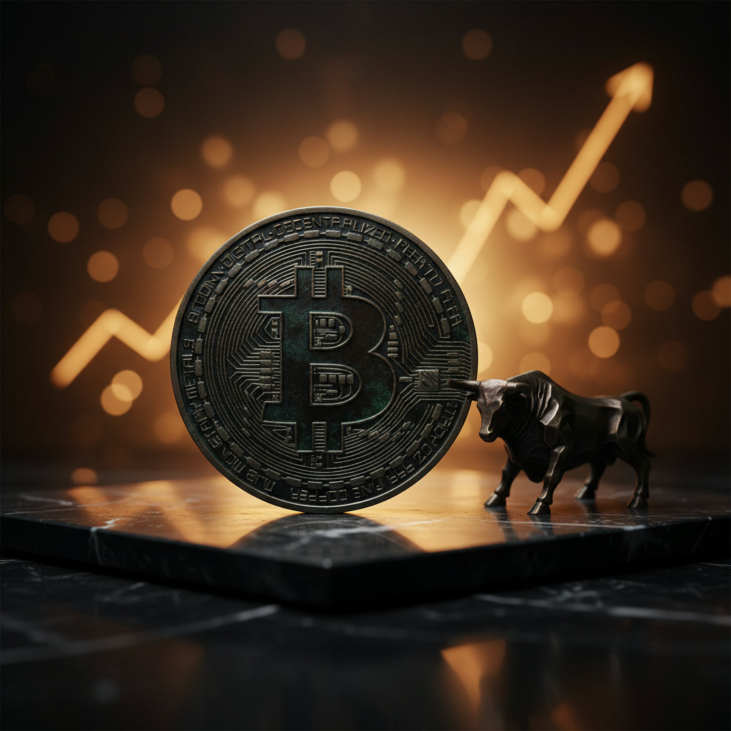 Physische Bitcoin-Münze auf einem glänzenden schwarzen Tisch, im Hintergrund ein unscharfer goldener Lichtschein, der eine aufsteigende Kurve andeutet, Analyse 2026.