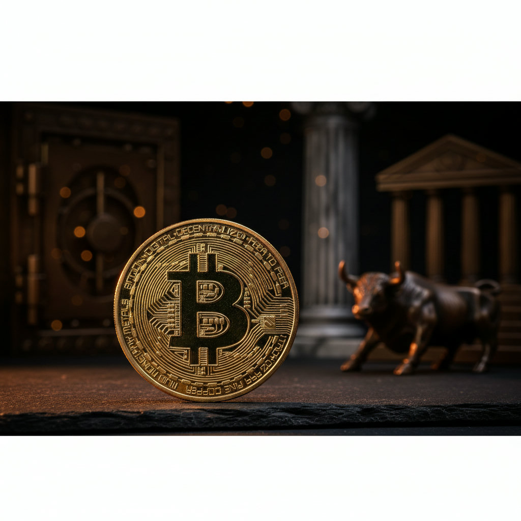 Makroaufnahme einer physischen Bitcoin-Münze, golden glänzend, mit dezentem Bokeh, vor einem dunklen, unscharfen Hintergrund, symbolisiert Marktanalyse und Vertrauen.