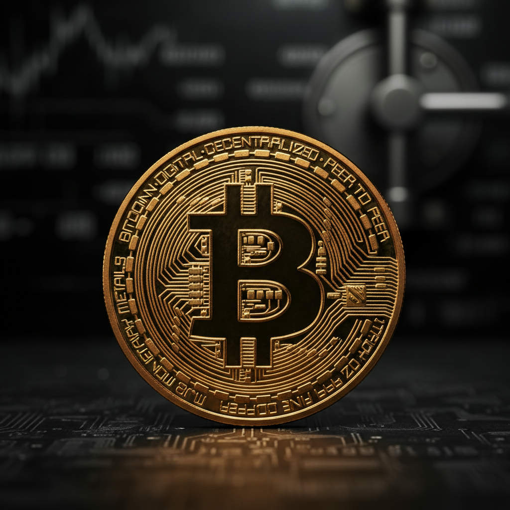 Makroaufnahme einer physischen Bitcoin-Münze mit dem Logo nach oben, im kontrastreichen Chiaroscuro-Licht, vor einem verschwommenen Hintergrund, der an Finanzdaten erinnert. Bitcoin Kurs aktuell, Analyse 2026.
