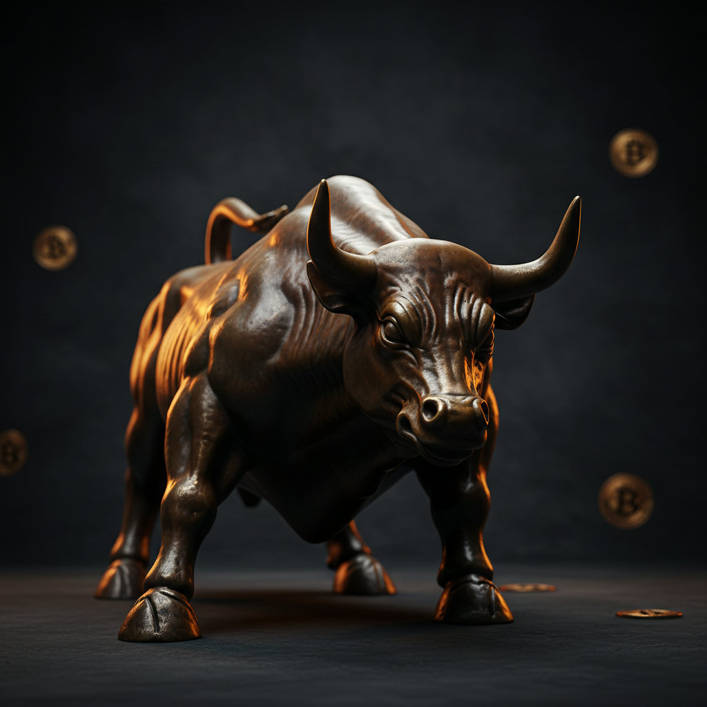 Bronzestatue eines Bullen im dunklen Studio, mit goldenen Lichtakzenten, symbolisiert die Stärke des Bitcoin Kurses in unsicheren Zeiten.