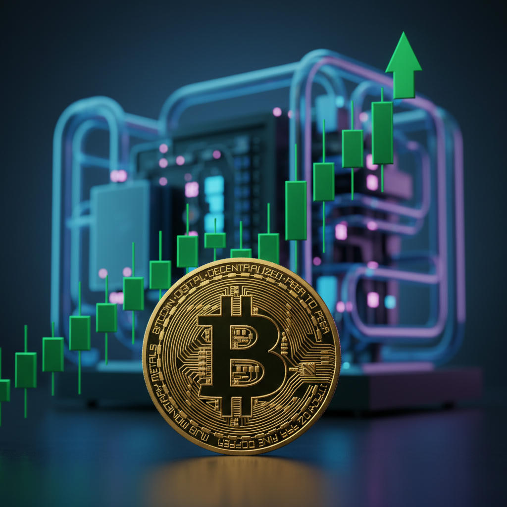 Bitcoin-Münze vor steigendem Kurs-Chart, grüne Wachstumslinien und ein futuristischer Quantencomputer im Hintergrund, Analyse 2026.
