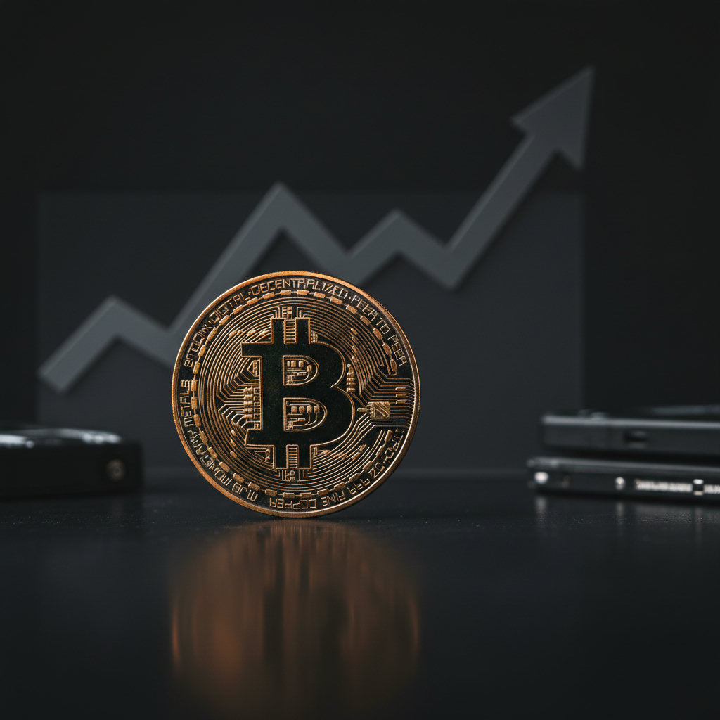 Physische Bitcoin-Münze mit orangefarbenem Glanz vor einem dunkelgrauen Hintergrund und stilisiertem Kurs-Chart im Bokeh, Analyse 2026.