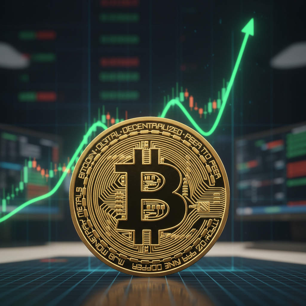 Bitcoin-Münze vor steigendem Kurs-Chart, Analyse 2026