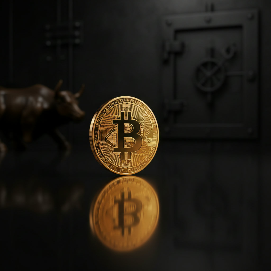 Physische goldene Bitcoin-Münze mit dem Logo, umgeben von einem warmen, goldenen Lichtschein vor einem tiefschwarzen Hintergrund, repräsentiert die aktuelle Bitcoin-Marktanalyse 2026.