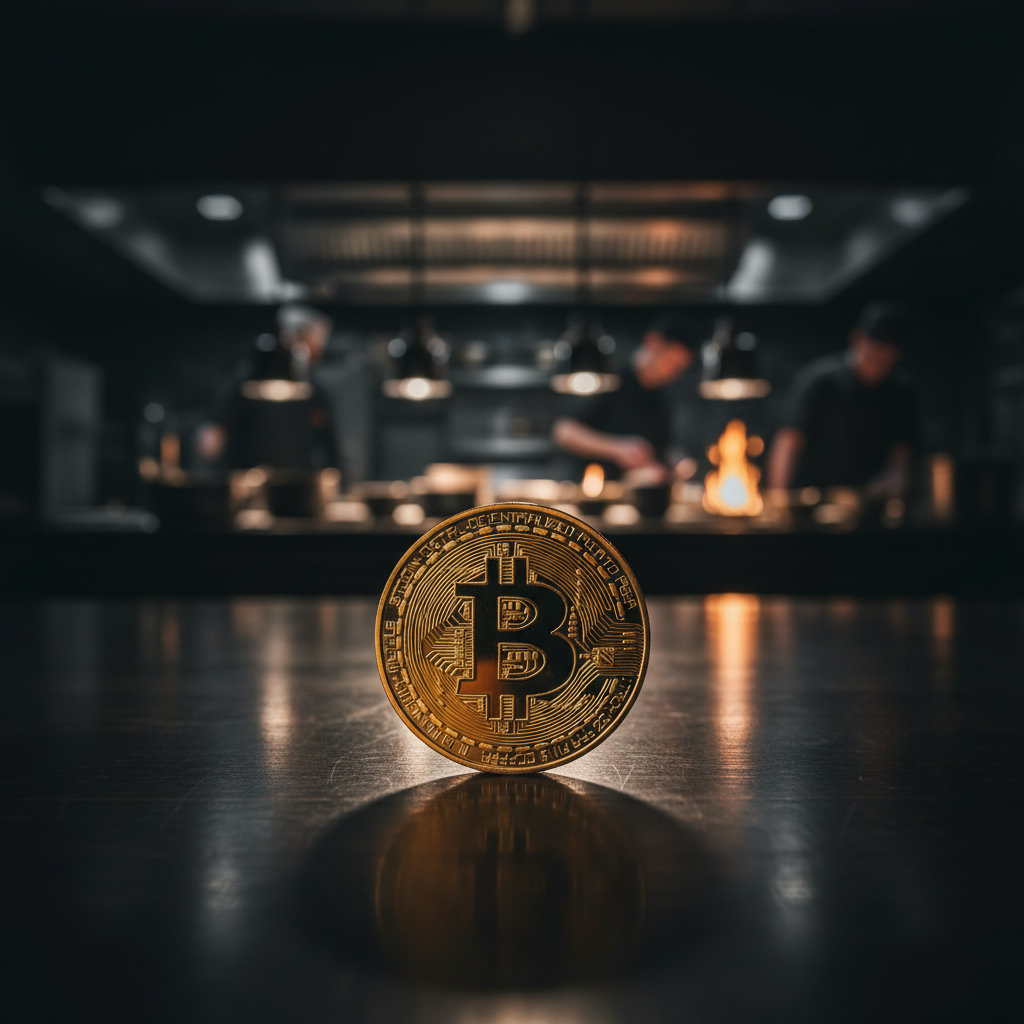 Eine physische Bitcoin-Münze, hochglänzend und goldfarben, liegt auf einem dunklen, polierten Holztisch vor einem unscharfen Hintergrund, der eine belebte Restaurantküche im Chiaroscuro-Stil andeutet. Das Licht ist dramatisch und erzeugt tiefe Schatten.