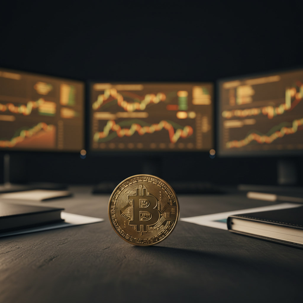 Eine goldene Bitcoin-Münze liegt auf einem dunklen Analysten-Schreibtisch, darauf sind Kursdaten und Diagramme auf Bildschirm