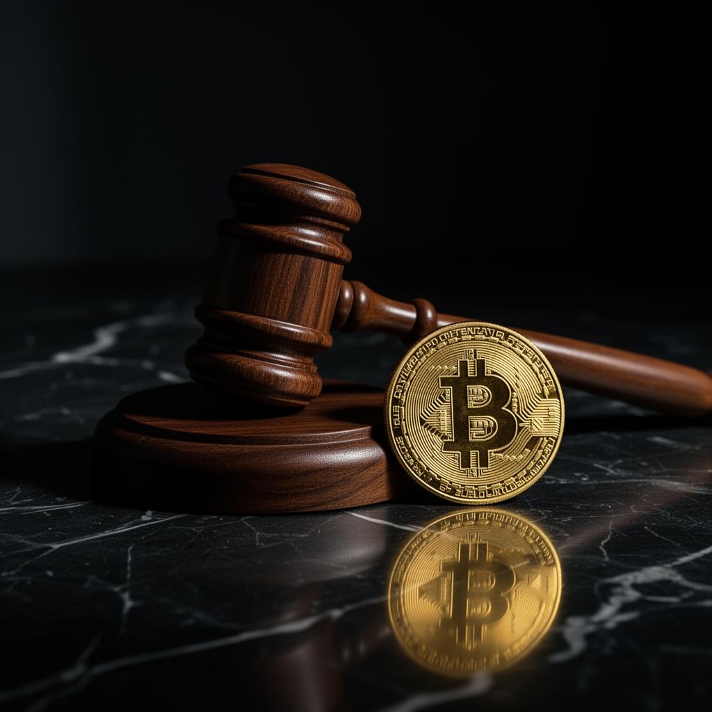 Hölzerner Richterhammer neben goldener Bitcoin-Münze auf schwarzem Marmor — Symbolbild Krypto-Steuerrecht Deutschland