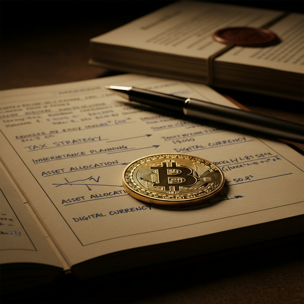 Eine goldene Bitcoin-Münze liegt auf einem Notizblock mit handschriftlichen Notizen zu Steuerplanung und Erbschaft. Im Hintergrund unscharf ein Stift und Dokumente, alles in dunklen, warmen Lichttönen.