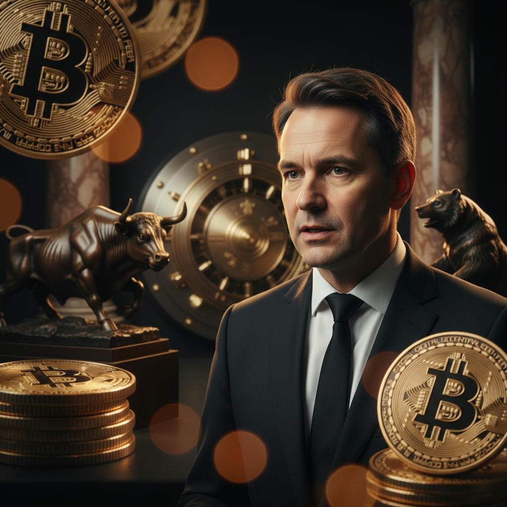 Stefan Berger (CDU) spricht über Bitcoin, im Hintergrund abstrakte Elemente, die Finanzmärkte symbolisieren. Ein politisches Statement zur Krypto-Regulierung in Deutschland.