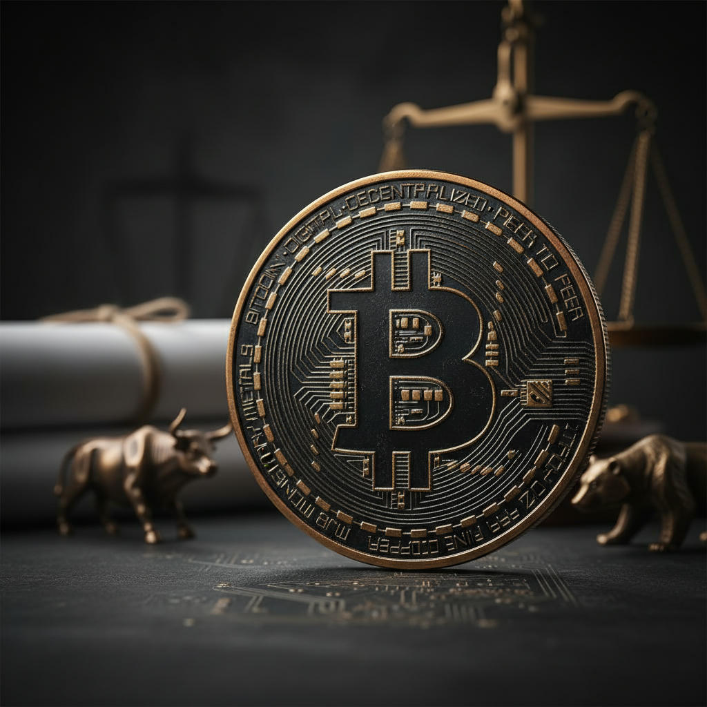 Eine goldfarbene Bitcoin-Münze liegt auf dunklem Leder, im dramatischen Gegenlicht vor einem unscharfen Hintergrund mit juristischen Dokumenten. Tiefenschärfe.