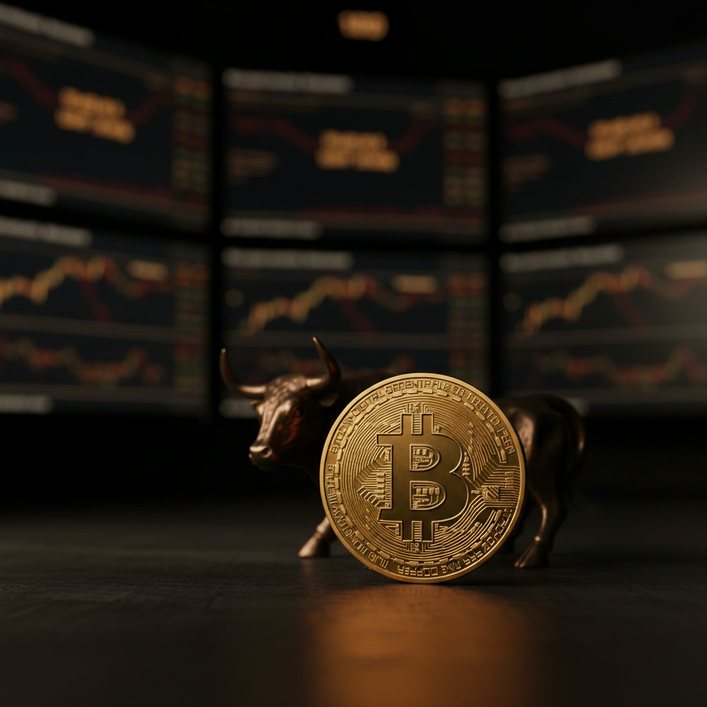 Makroaufnahme einer goldenen Bitcoin-Münze, die auf einem dunklen, polierten Holzschreibtisch liegt, mit verschwommenen Bloomberg-Terminals im Hintergrund, die schwach leuchten. Tiefenschärfe und dramatisches Chiaroscuro-Licht.