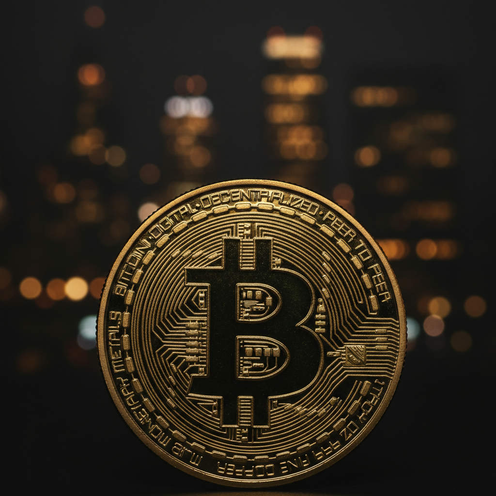 Nahaufnahme einer goldenen Bitcoin-Münze, teilweise im Schatten liegend, auf einer dunklen Oberfläche. Im Hintergrund verschwommene, warme Lichter deuten auf einen geschäftigen Finanzdistrikt bei Nacht hin.