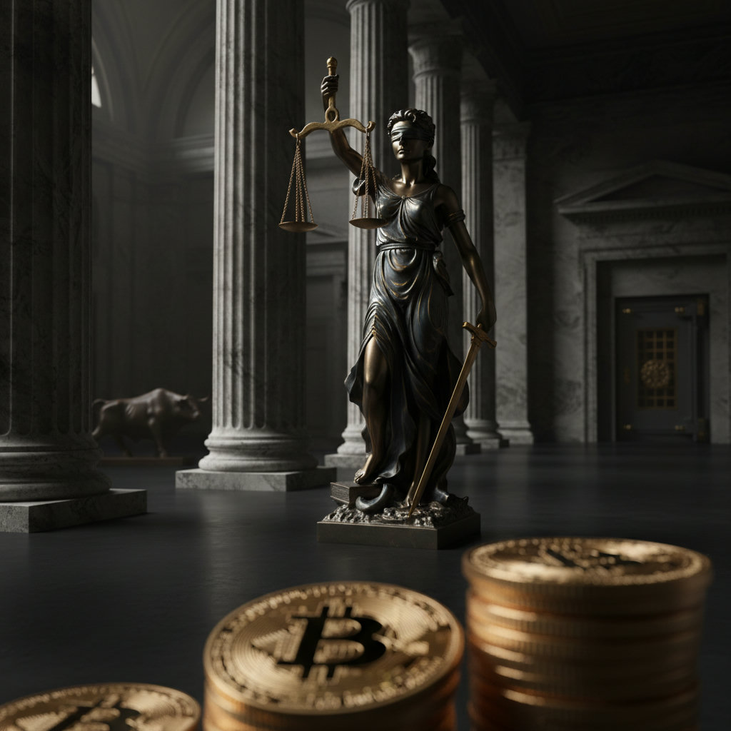 Gerichtshof mit Justitia-Statue im Zentrum, umgeben von dunklen Säulen, dramatisches Chiaroscuro-Licht, goldener Akzent auf Waage und Schwert, Tiefenschärfe auf die Details der Statue. Ein Hauch von Ernsthaftigkeit und Gerechtigkeit im Kontext digitaler Vermögenswerte.