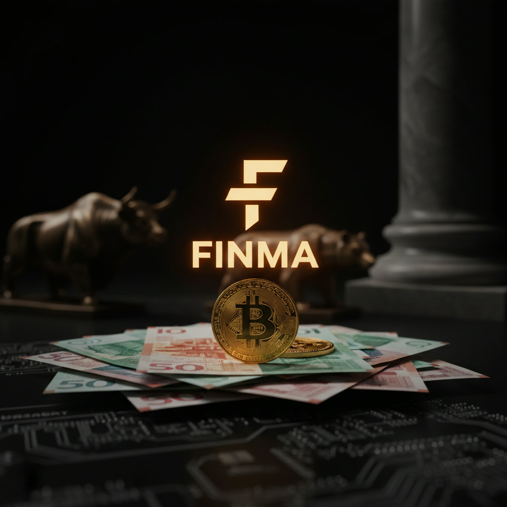 Eine goldene Bitcoin-Münze liegt auf einem Stapel traditioneller Schweizer Franken-Banknoten, darüber schwebt das FINMA-Logo in einem diffusen Licht, das Seriosität und Aufsicht symbolisiert.
