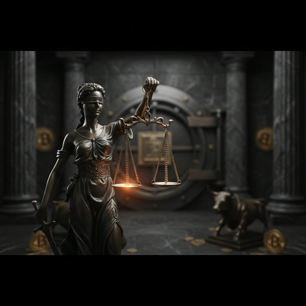 Detailaufnahme eines Justitia-Statue, die Waage und Schwert hält, auf dunklem Hintergrund mit dramatischer Beleuchtung. Fokus auf die Waage.