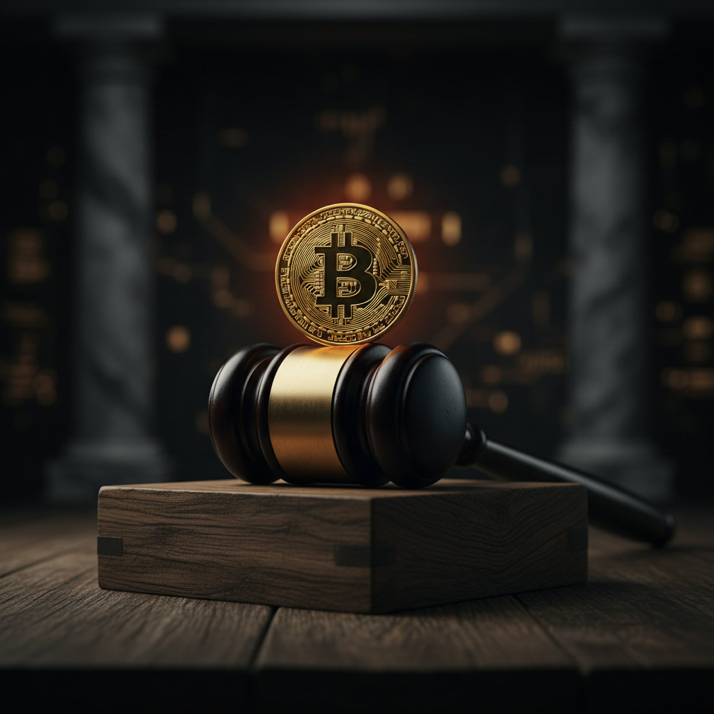 Eine goldene Bitcoin-Münze liegt auf einem dunklen Richthammer, der auf einem massiven Holzblock ruht, dramatisch beleuchtet.