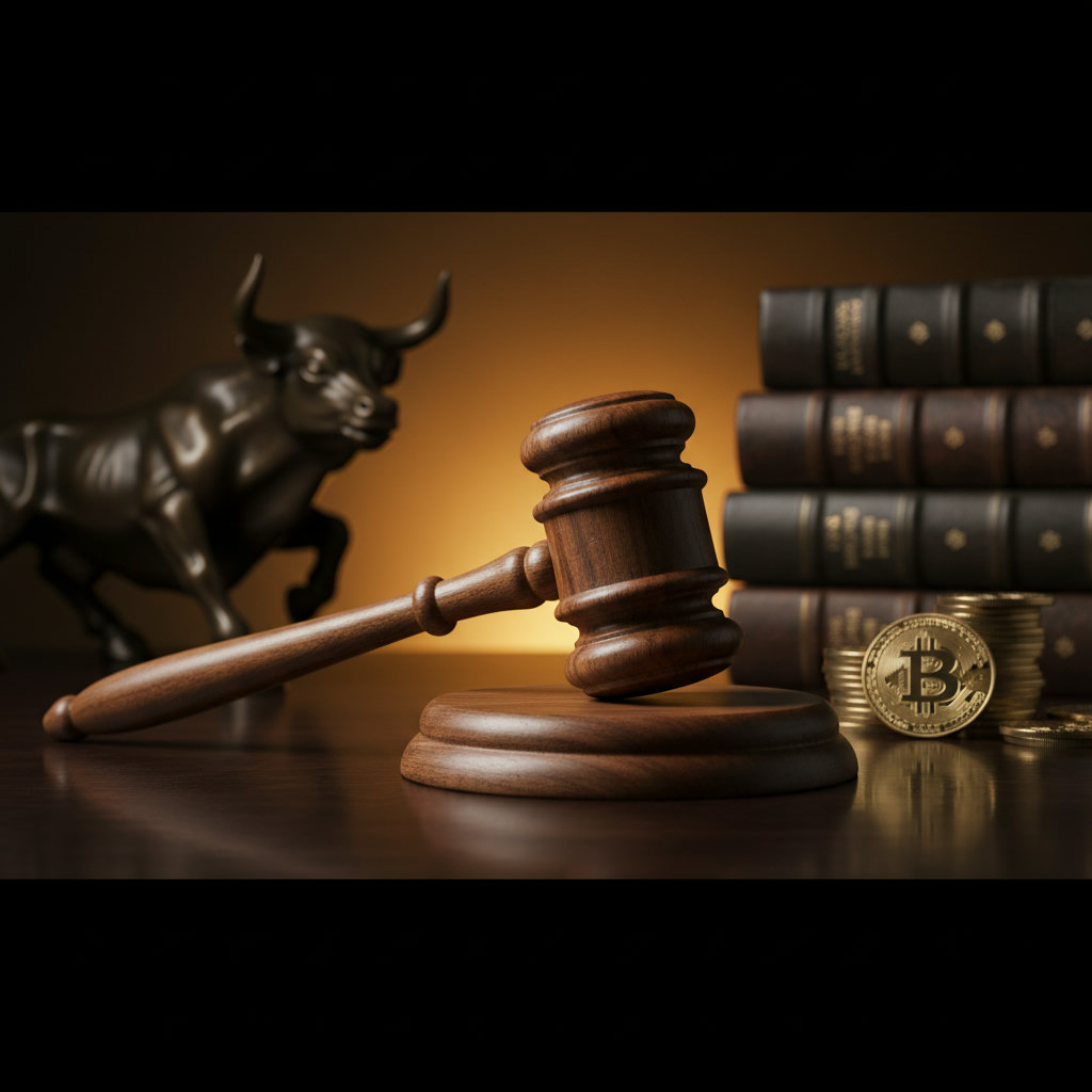 Richterhammer auf einem dunklen Holztisch vor einem Hintergrund aus Gesetzbüchern und einem dezenten gold-orangenen Schein, der Bitcoin symbolisiert.