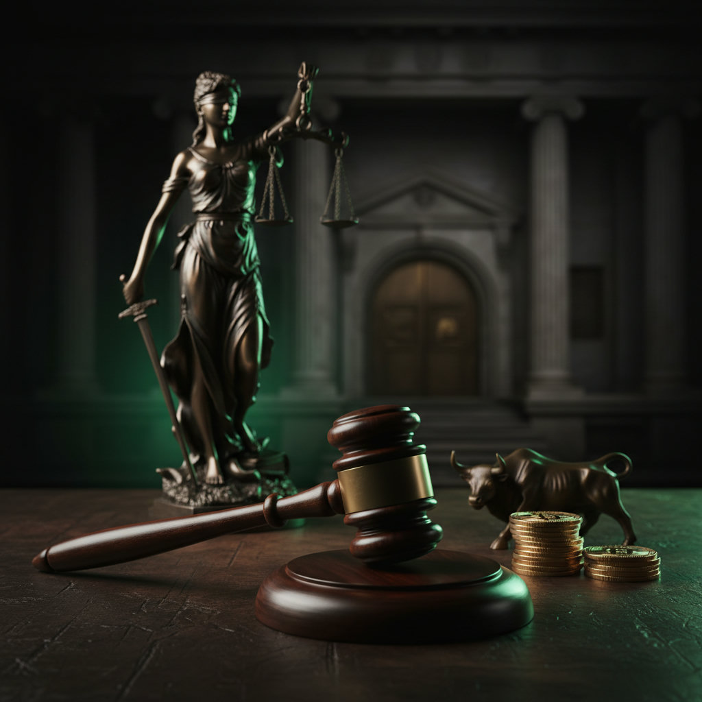 Richterhammer auf dunklem Holz mit schattenspendender Justitia-Statue im Hintergrund, Akzentfarbe Grün im Licht