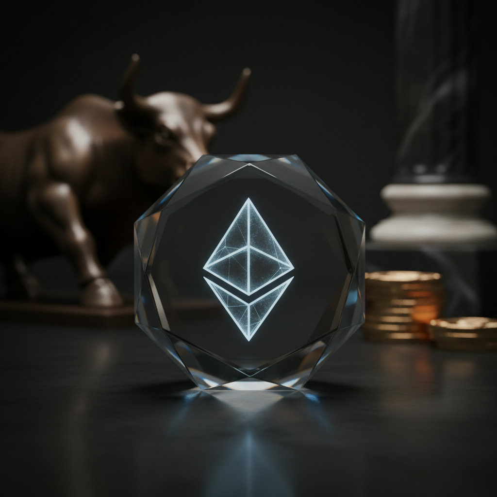 Nahaufnahme eines polierten Glas-Oktaders, der das Ethereum-Logo in einem edlen, dunklen Studio mit subtilem, eisblauem Glanz reflektiert, tiefe Schatten und scharfe Kontraste.
