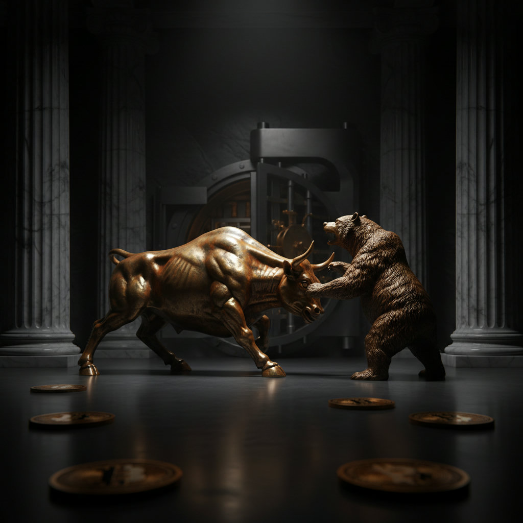 Nahaufnahme einer bullischen Bronzeskulptur, die einen Bullen und einen Bären im Kampf darstellt, mit dramatischem Chiaroscuro-Licht und einem tiefschwarzen Hintergrund, umgeben von einem subtilen Gold-Akzent.
