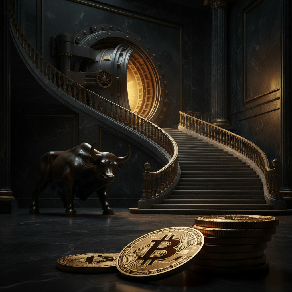 Eine geschwungene, golden beleuchtete Treppe führt hinauf zu einem massiven Banktresor aus Anthrazitstahl, der leicht geöffnet ist und ein diffuses goldenes Licht abstrahlt. Fokus auf Tiefenschärfe, Chiaroscuro-Licht.