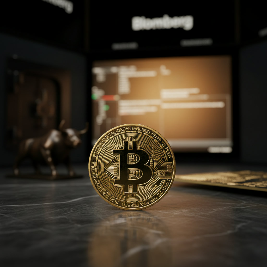 Physische Bitcoin-Münze auf einem glänzenden, dunklen Marmorboden, dramatisch beleuchtet mit goldenem Licht einer Bloomberg-Terminal-Reflexion im Hintergrund