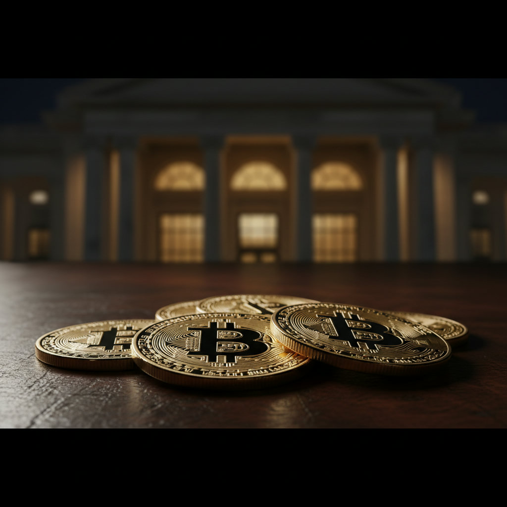 Nahaufnahme von goldenen Bitcoin-Münzen, die auf einem dunklen Mahagoni-Tisch liegen, dahinter verschwommene Umrisse von Bankgebäuden bei Nacht mit goldener Beleuchtung. Dramatisches Chiaroscuro-Licht.