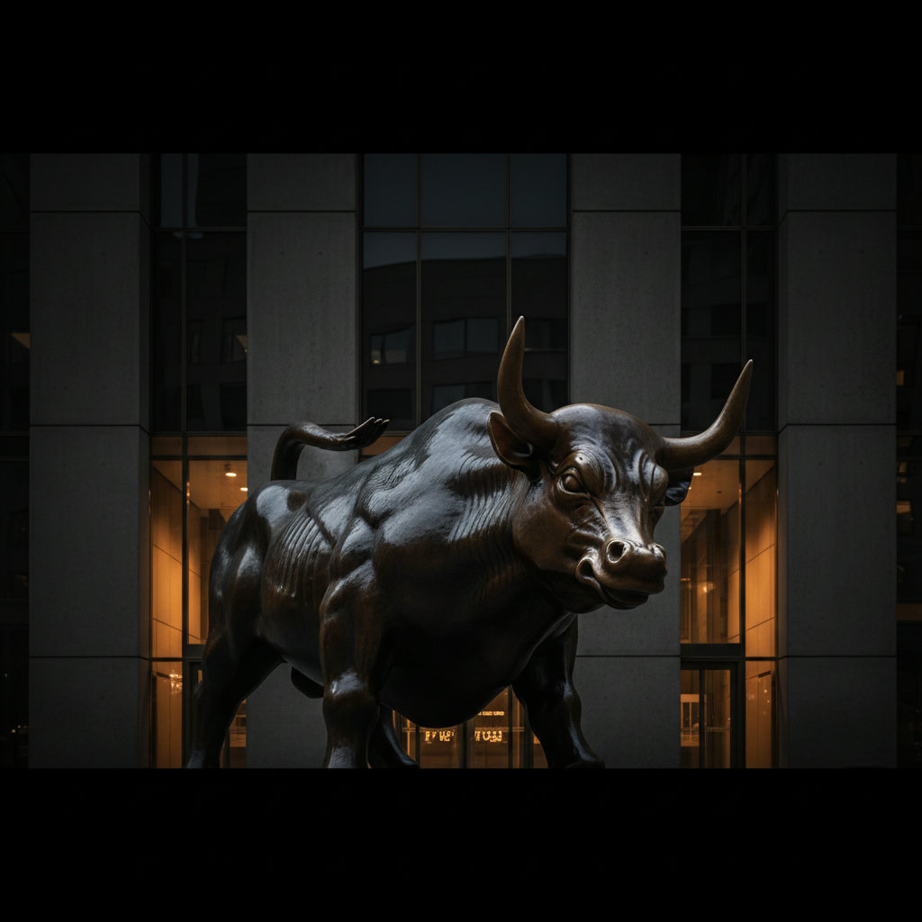Nahaufnahme eines bullischen Bronzestiers vor der Kulisse einer dunklen, modern anmutenden Bankfassade bei Nacht, mit einem subtilen orangefarbenen Leuchten, das auf digitale Finanzmärkte hindeutet.