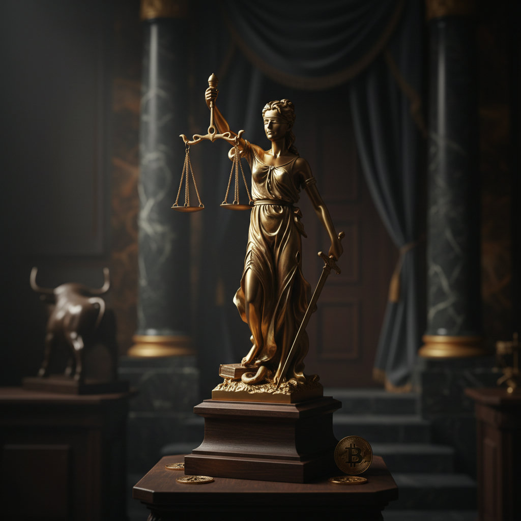 Eine goldene Justitia-Statue, die eine Waage und ein Schwert hält, steht auf einem dunklen Holzpodest in einem dramatisch ausgeleuchteten Gerichtssaal, umgeben von Schatten.