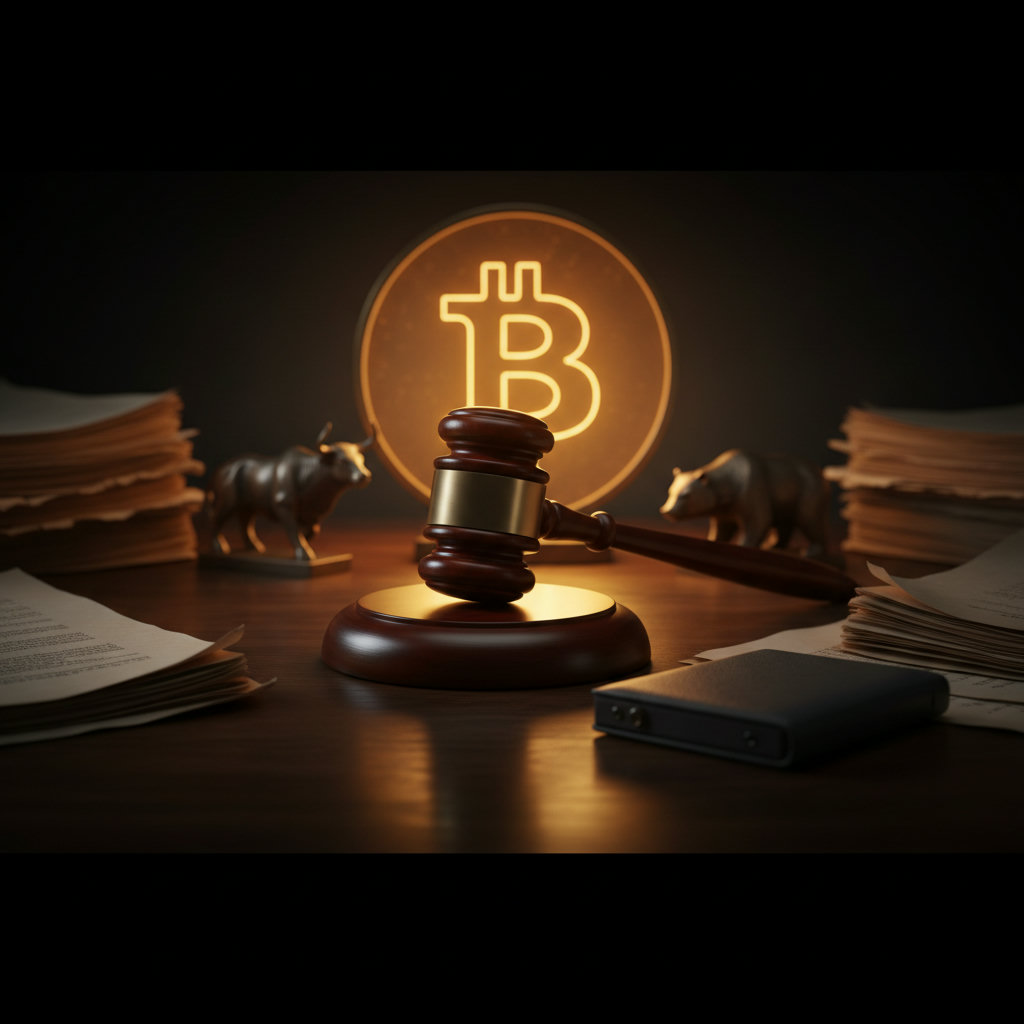Gerichtssaal-Szene mit einem Richterhammer auf dunklem Holz vor einem unscharfen Hintergrund von Aktentürmen, während ein tiefgolden leuchtendes Bitcoin-Symbol durch die Schatten bricht.