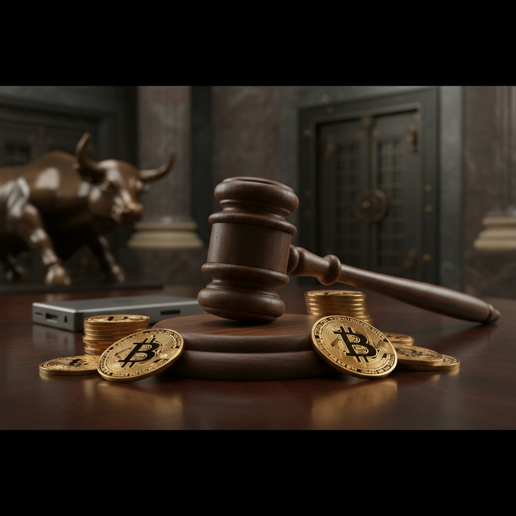 Richterhammer auf dunklem Holz, daneben Krypto-Münzen, symbolisiert die Besteuerung von digitalen Vermögenswerten und die politischen Debatten um die Haltefrist.