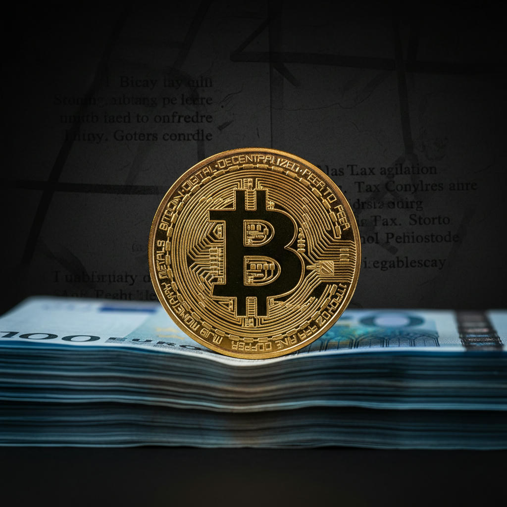 Eine goldene Bitcoin-Münze liegt auf einem Stapel blauer Euroscheine vor einem dunklen Hintergrund, der eine schwache Grafik von Gesetzestexten andeutet.
