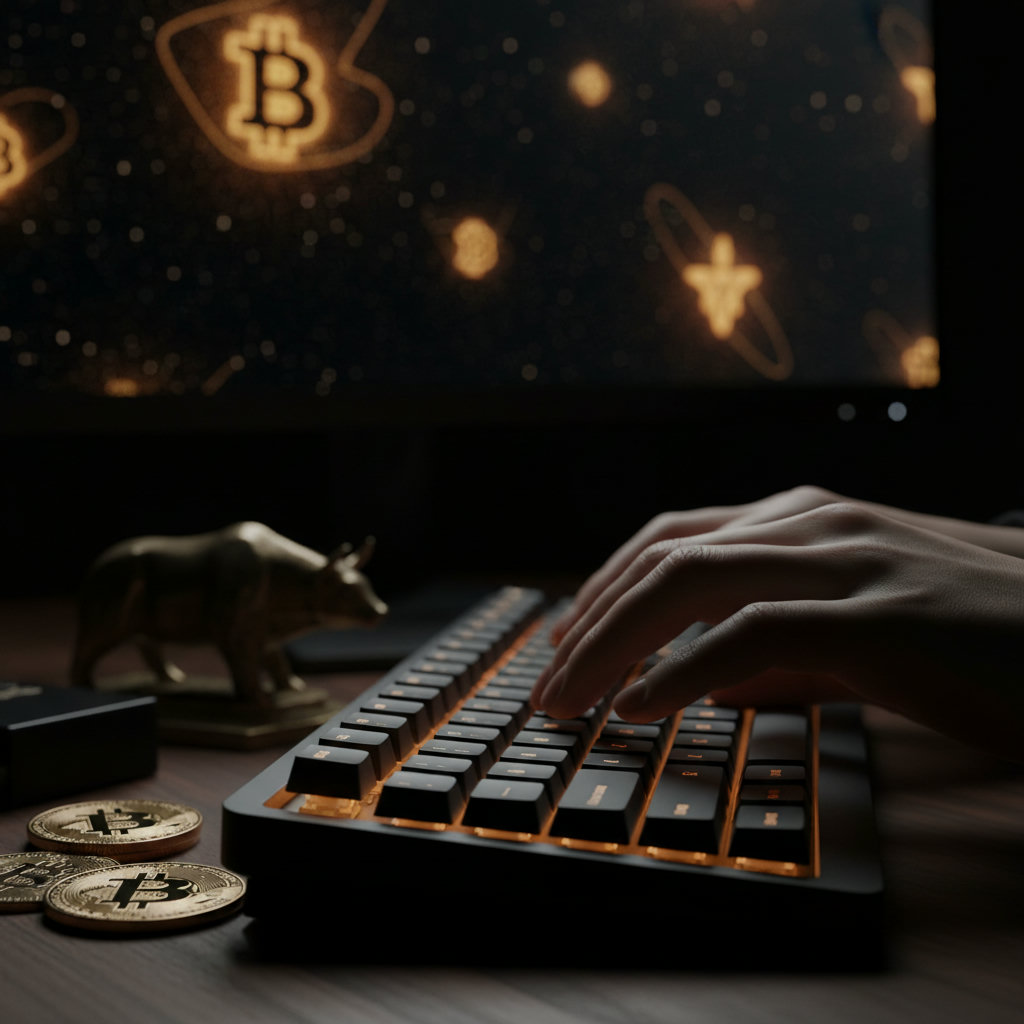Symbolbild: Ein Finger tippt auf eine Tastatur, im Hintergrund leuchten Bitcoin und andere Krypto-Symbole auf einem Bildschirm.