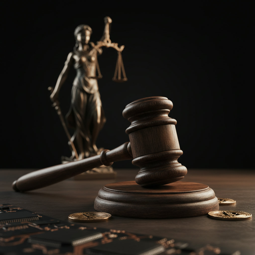 Makroaufnahme eines Richterhammers auf einem dunklen Holztisch, im Hintergrund eine angedeutete Justitia-Statue mit goldenem Lichtakzent.